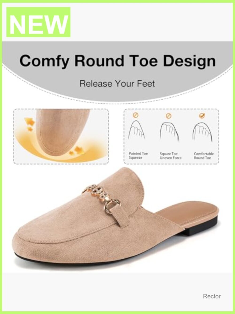 Faux Suede Mules with Crystal Buckle - Lightweight Slip On Flats for Office - Picture 4 of 7